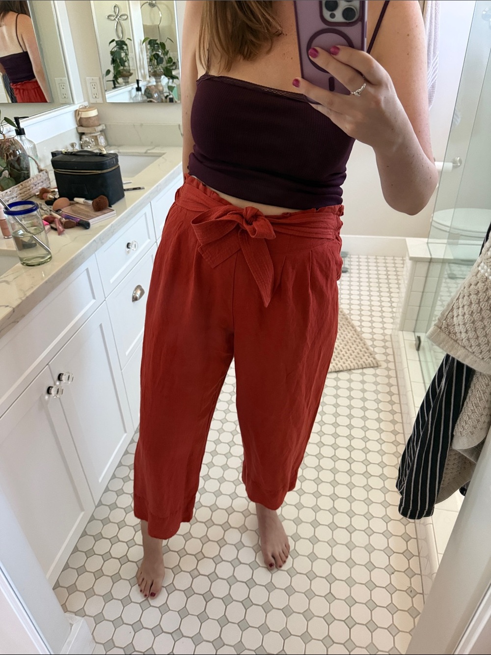 Madewell Coral Red Paperbag Cropped Pants with Tie